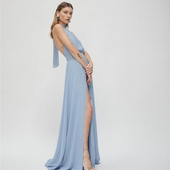 Reformation Andee Halter Maxi Dress Size 12 Mineral Blue Side Slit Romantic - Picture 5 of 15
